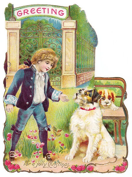 Little boy with two dogs on a cutout Christmas card