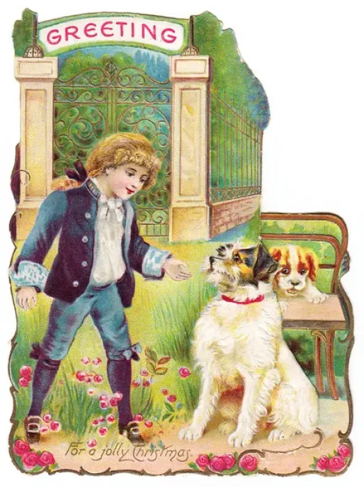 Framed Print : Little boy with two dogs on a cutout Christmas card Framed Print : Little boy with two dogs on a cutout Christmas card