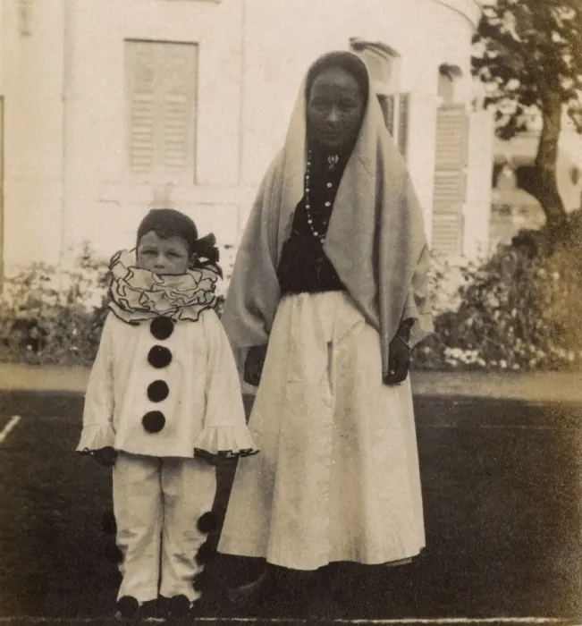 Framed Print : Little boy dressed as a clown - and his nurse Framed Print : Little boy dressed as a clown - and his nurse