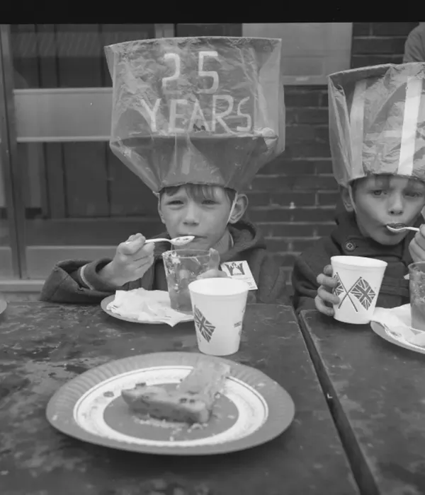 Framed Print : Little boy enjoying a Silver Jubilee tea in the street Framed Print : Little boy enjoying a Silver Jubilee tea in the street