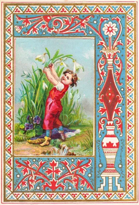 Framed Print : Little boy in a garden on an ornate greetings card Framed Print : Little boy in a garden on an ornate greetings card