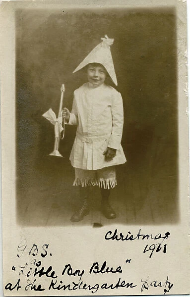 A little boy with the initials G. B.s dressed as LIttle Boy Blue for the kindergarten