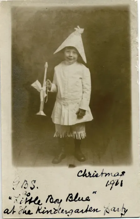 Framed Print : A little boy with the initials G. B.s dressed as LIttle Boy Blue for the kindergarten Framed Print : A little boy with the initials G. B.s dressed as LIttle Boy Blue for the kindergarten