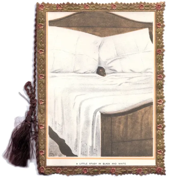 Framed Print : Little boy in large bed on a greetings card Framed Print : Little boy in large bed on a greetings card