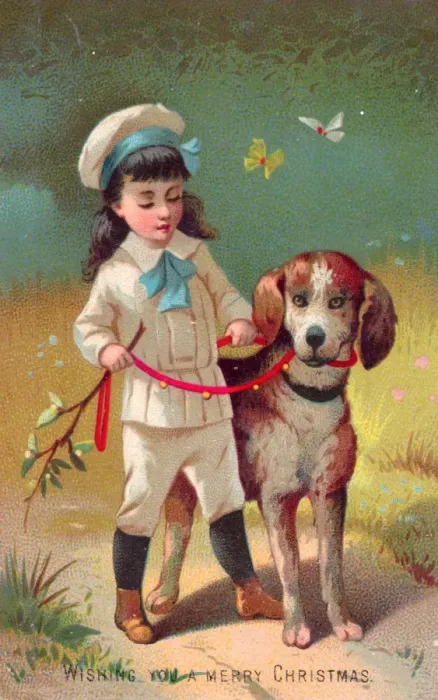 Framed Print : Little boy with large dog on a Christmas card Framed Print : Little boy with large dog on a Christmas card