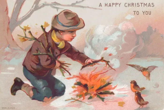 Framed Print : Little boy making fire on a Christmas card Framed Print : Little boy making fire on a Christmas card