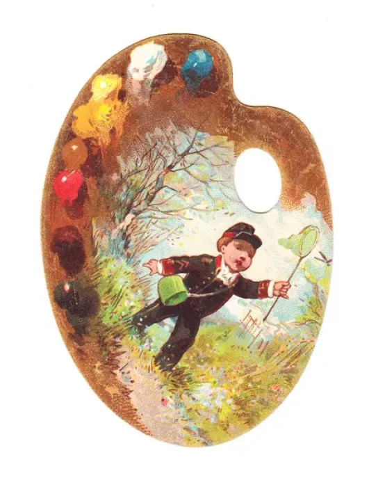Framed Print : Little boy with net on a palette-shaped greetings card Framed Print : Little boy with net on a palette-shaped greetings card