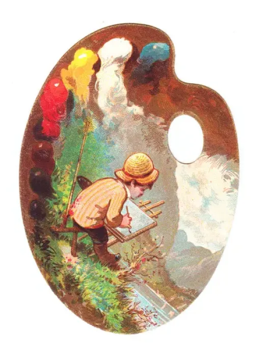 Framed Print : Little boy painting on a palette-shaped greetings card Framed Print : Little boy painting on a palette-shaped greetings card