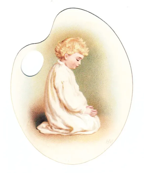 Framed Print : Little boy praying on a palette-shaped greetings card Framed Print : Little boy praying on a palette-shaped greetings card