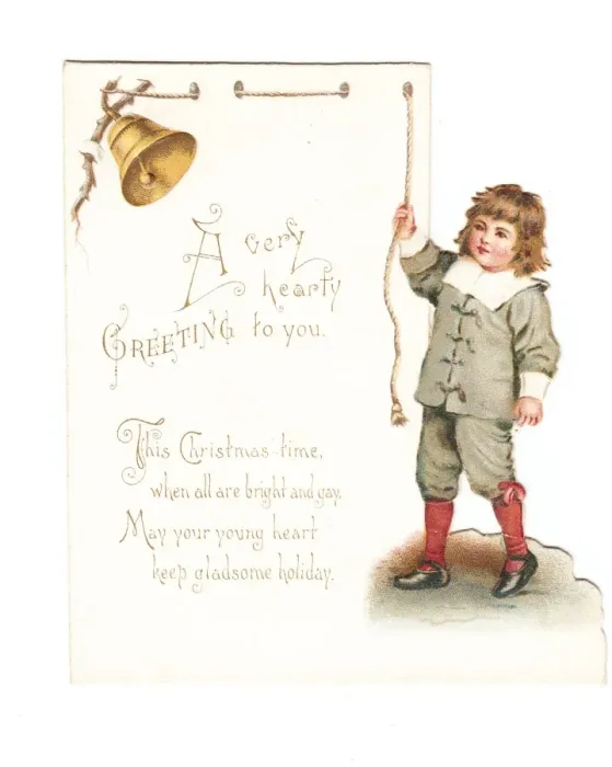 Framed Print : Little boy ringing a bell on a cutout Christmas card Framed Print : Little boy ringing a bell on a cutout Christmas card