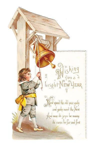 Little boy ringing a bell on a cutout New Year card