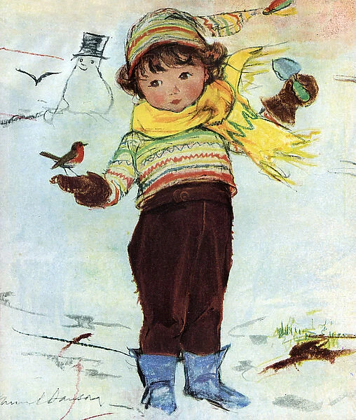 Little boy with robin and snowman by Muriel Dawson