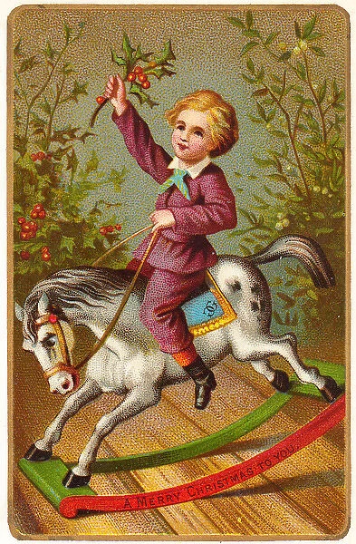 Little boy on a rocking horse on a Christmas card