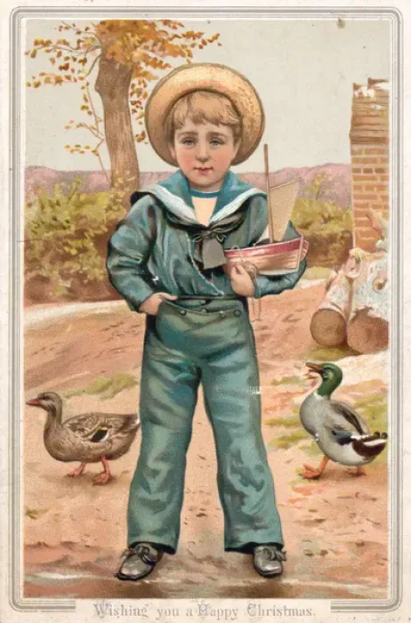 Framed Print : Little boy in a sailor suit on a Christmas card Framed Print : Little boy in a sailor suit on a Christmas card