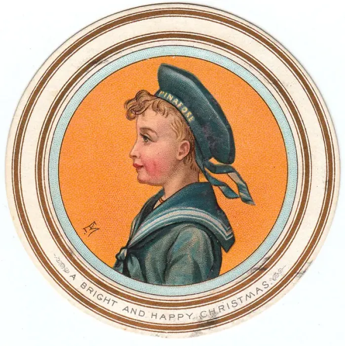 Framed Print : Little boy in sailor suit on a circular Christmas card Framed Print : Little boy in sailor suit on a circular Christmas card