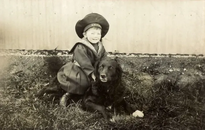 Framed Print : Little boy in sailor suit with dog Framed Print : Little boy in sailor suit with dog