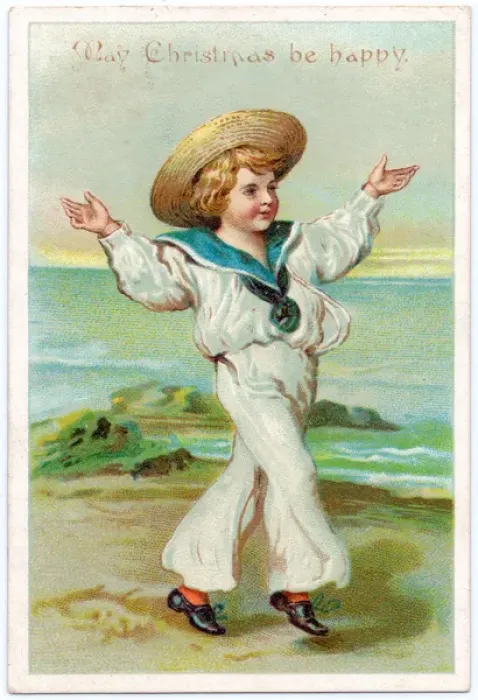 Framed Print : Little boy in sailor suit at the seaside on a Christmas card Framed Print : Little boy in sailor suit at the seaside on a Christmas card