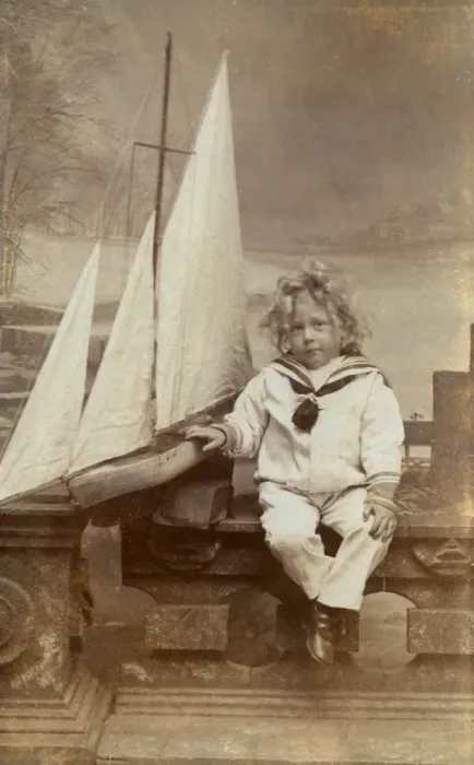 Framed Print : Little boy in his sailor suit with his toy boat Framed Print : Little boy in his sailor suit with his toy boat