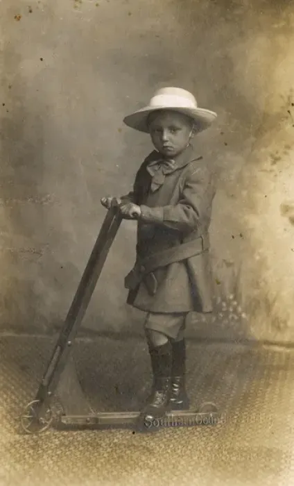 Framed Print : Little boy with scooter, c. 1900 Framed Print : Little boy with scooter, c. 1900