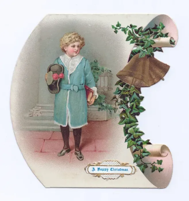 Framed Print : Little boy on a scroll-shaped Christmas card Framed Print : Little boy on a scroll-shaped Christmas card