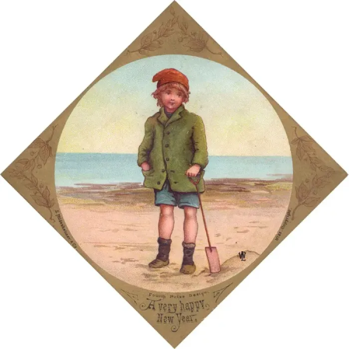 Framed Print : Little boy at the seaside on a New Year card Framed Print : Little boy at the seaside on a New Year card