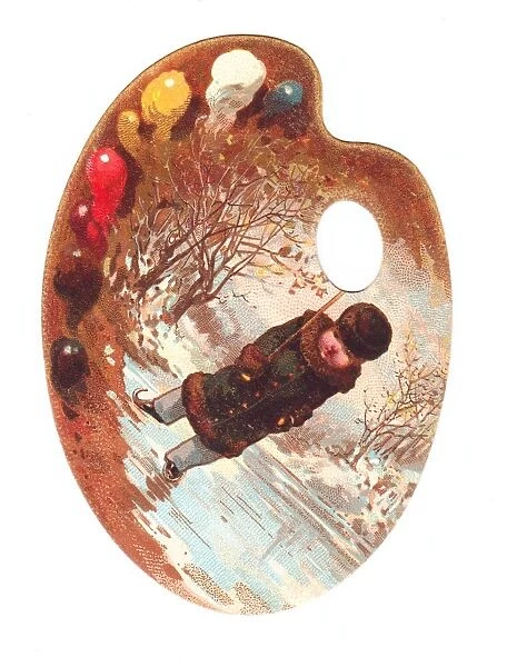 Little boy skating on a palette-shaped greetings card