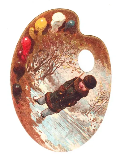 Framed Print : Little boy skating on a palette-shaped greetings card Framed Print : Little boy skating on a palette-shaped greetings card