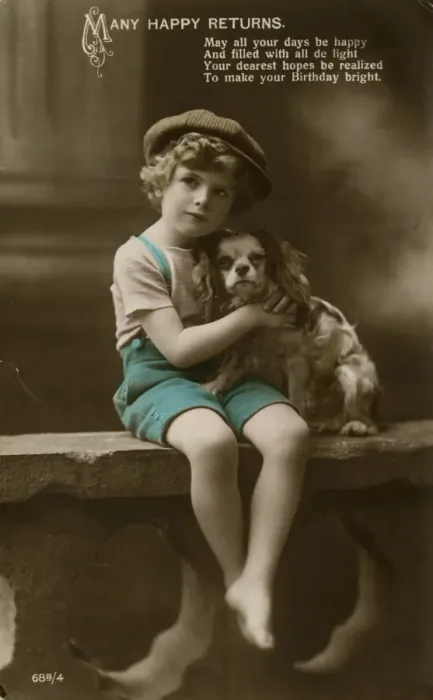 Framed Print : Little boy with spaniel on a birthday postcard Framed Print : Little boy with spaniel on a birthday postcard