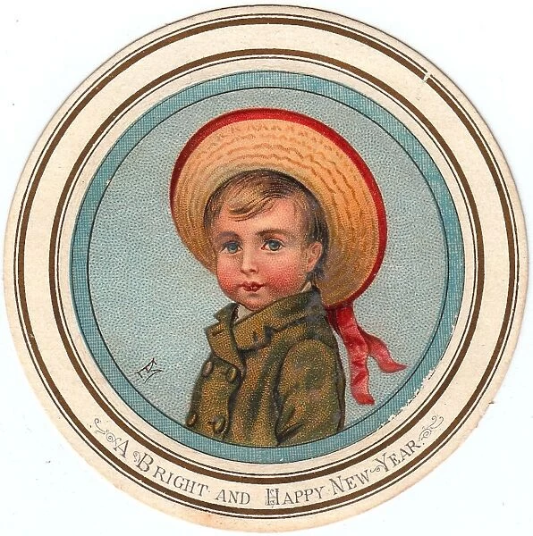 Little boy in straw hat on a circular New Year card