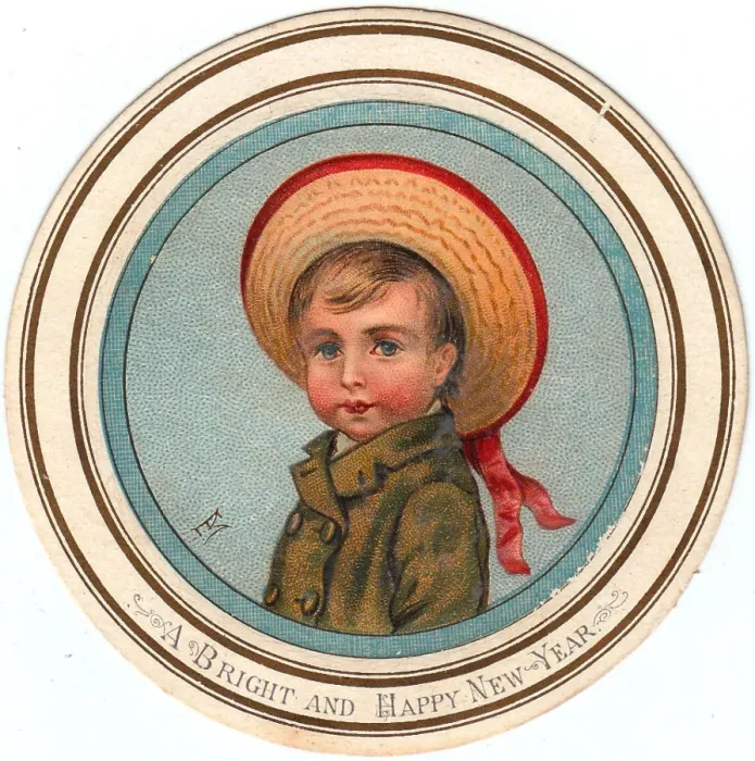 Framed Print : Little boy in straw hat on a circular New Year card Framed Print : Little boy in straw hat on a circular New Year card