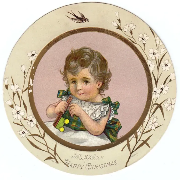 Framed Print : Little boy in tartan on a circular Christmas card Framed Print : Little boy in tartan on a circular Christmas card