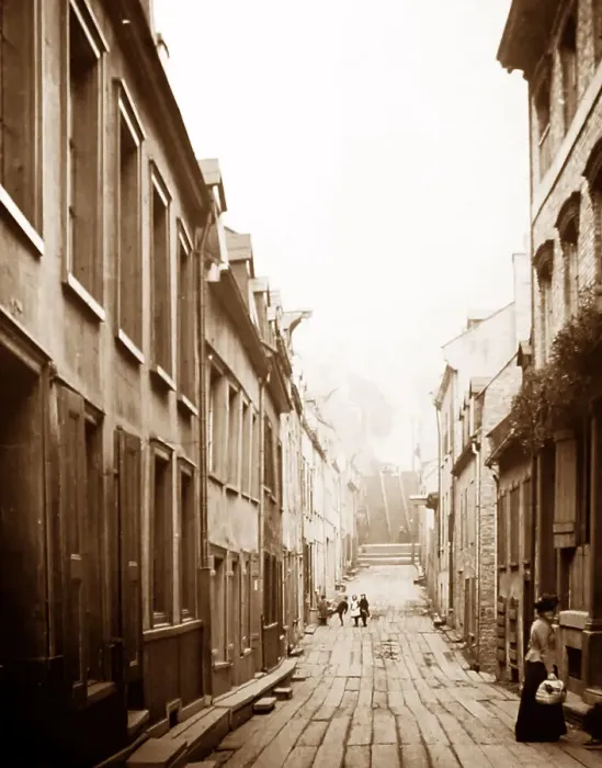 Framed Print : Little Champlain Street, Quebec City, Canada, early 1900s Framed Print : Little Champlain Street, Quebec City, Canada, early 1900s