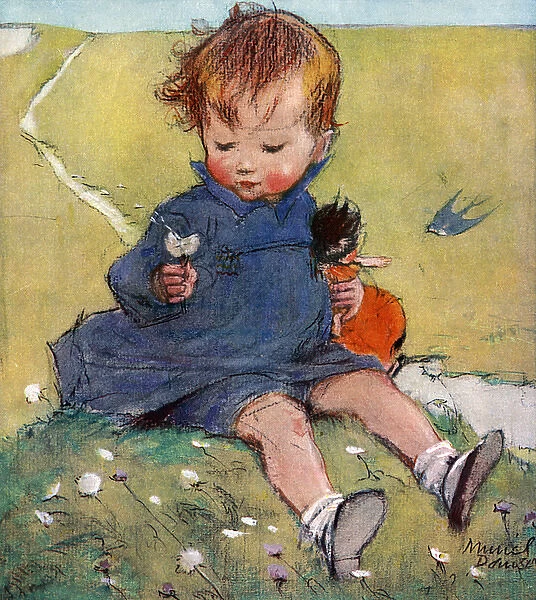 Little child in a blue smock by Muriel Dawson