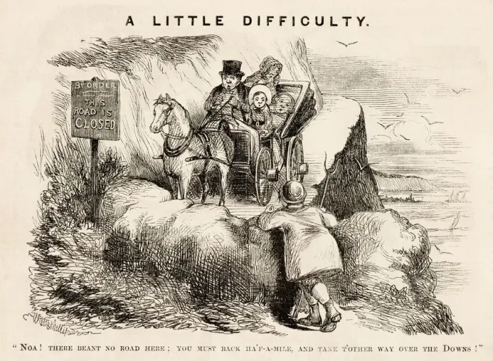 Framed Print : A little difficulty. A family in a carriage get into trouble when they find Framed Print : A little difficulty. A family in a carriage get into trouble when they find