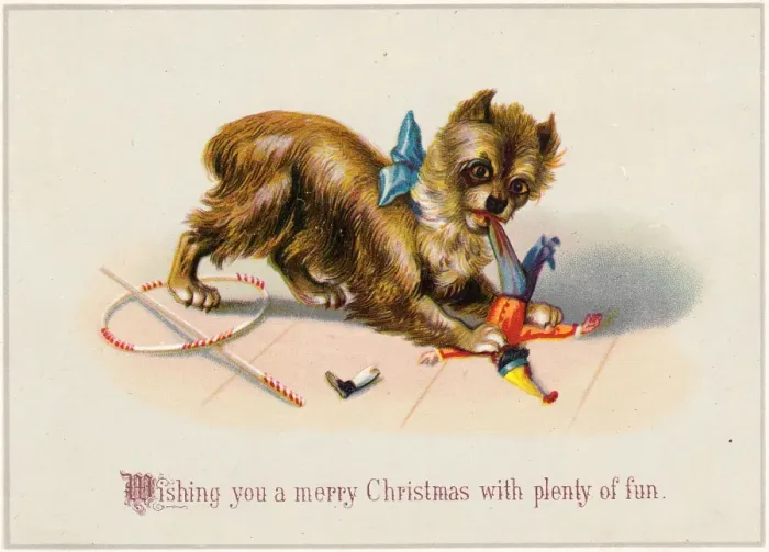 Framed Print : Little dog destroying a doll on a Christmas card Framed Print : Little dog destroying a doll on a Christmas card