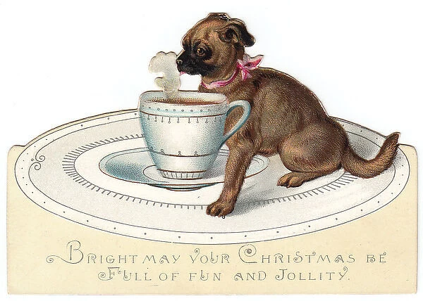 Little dog with large cup of tea on a cutout Christmas card