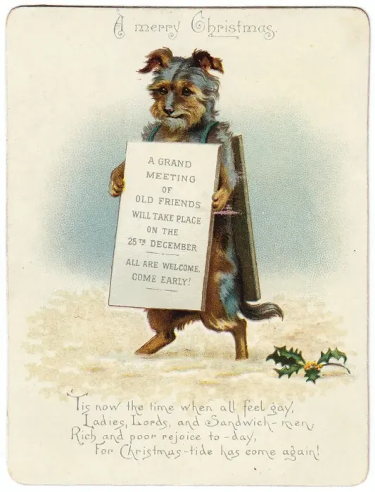 Framed Print : Little dog with sandwich board on a Christmas card Framed Print : Little dog with sandwich board on a Christmas card
