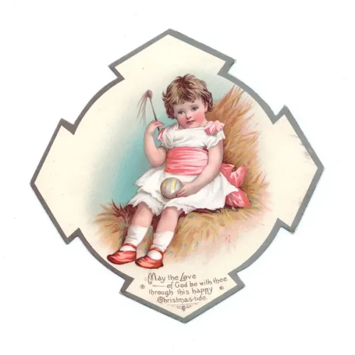 Framed Print : Little girl with ball on a medallion-shaped Christmas card Framed Print : Little girl with ball on a medallion-shaped Christmas card