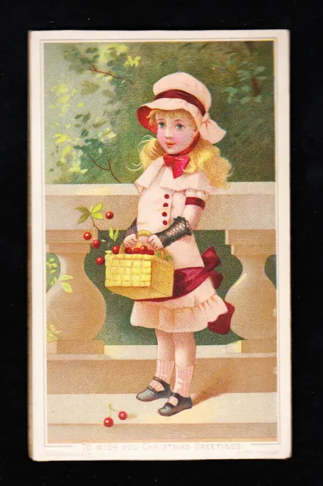Framed Print : Little girl with basket of fruit on a Christmas card Framed Print : Little girl with basket of fruit on a Christmas card