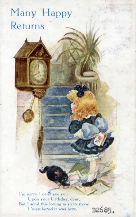 Framed Print : Little girl with black cat on a birthday postcard Date: circa 1918 Framed Print : Little girl with black cat on a birthday postcard Date: circa 1918