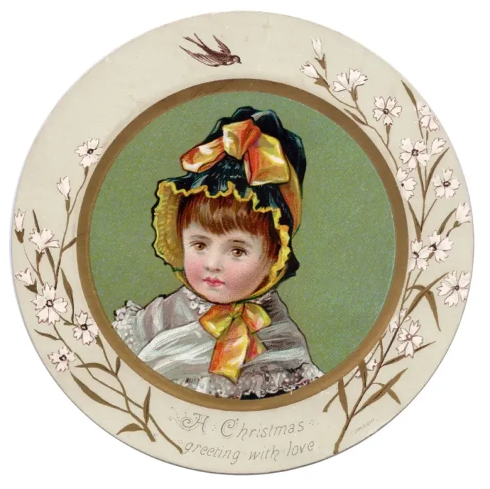 Framed Print : Little girl in a bonnet on a circular Christmas card Framed Print : Little girl in a bonnet on a circular Christmas card