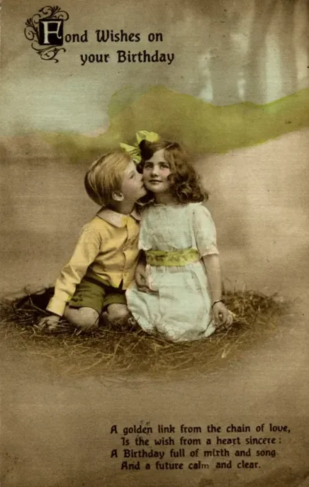 Framed Print : Little girl and boy on birthday postcard Framed Print : Little girl and boy on birthday postcard