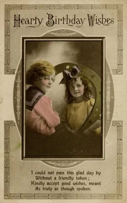 Framed Print : Little girl and boy on a birthday postcard Framed Print : Little girl and boy on a birthday postcard