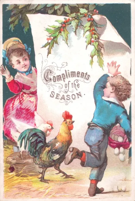 Framed Print : Little girl and boy with hens on a Christmas card Framed Print : Little girl and boy with hens on a Christmas card