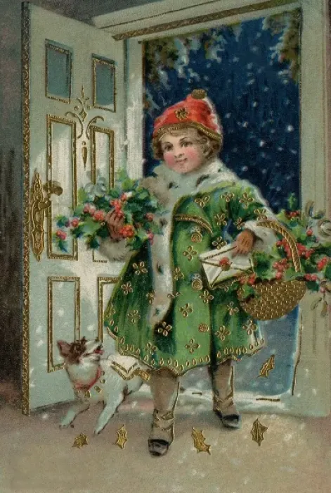 Framed Print : Little girl carrying basket of holly Framed Print : Little girl carrying basket of holly