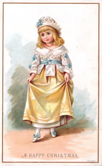 Framed Print : Little girl curtseying on a Christmas card Framed Print : Little girl curtseying on a Christmas card