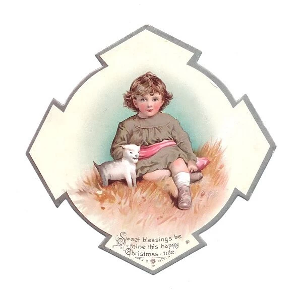 Little girl and dog on a medallion-shaped Christmas card