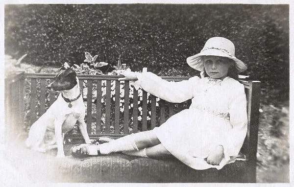 Little girl and dog sitting on a bench