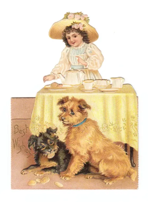 Framed Print : Little girl with two dogs on a cutout greetings card Framed Print : Little girl with two dogs on a cutout greetings card