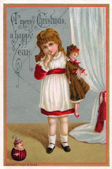 Framed Print : Little girl with a doll on a Christmas card Framed Print : Little girl with a doll on a Christmas card